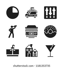 party icon. 9 party vector icons set. barn, settings and lens icons for web and design about party theme