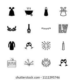 Party icon. collection of 16 party filled and outline icons such as dress, champagne bottle with heart, clink glasses, fireworks. editable party icons for web and mobile.