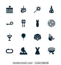 Party icon. collection of 16 party filled icons such as dress, sparklers, dj, bbq, clown, cake, cocktail, balloon, piece of cake. editable party icons for web and mobile.