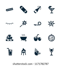 Party icon. collection of 16 party filled icons such as sparklers, disco ball, reserved, bbq, skate board, dj, opened champagne. editable party icons for web and mobile.