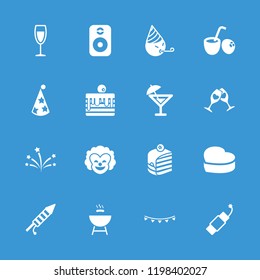 Party icon. collection of 16 party filled icons such as piece of cake, heart cake, wine glass, fireworks, firework, speaker, barbeque. editable party icons for web and mobile.