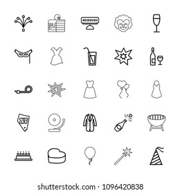Party icon. collection of 25 party outline icons such as vegas, cake, heart cake, wine glass, fireworks, mask, jacket, reserved. editable party icons for web and mobile.