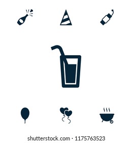 Party icon. collection of 7 party filled icons such as balloon, firework, champagne, heart balloons, cocktail. editable party icons for web and mobile.
