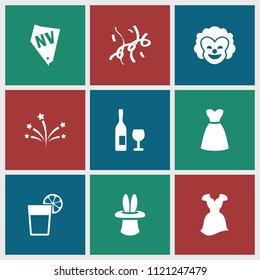 Party icon. collection of 9 party filled icons such as dress, confetti, wine glass and bottle, vegas, magic hat, clown, cocktail. editable party icons for web and mobile.