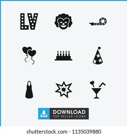 Party icon. collection of 9 party filled icons such as vegas, dress, cake, cocktail, fireworks, clown. editable party icons for web and mobile.