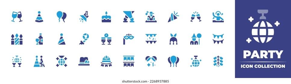 Party icon collection. Duotone color. Vector illustration. Containing wine toast, party hat, balloons, light bulb, cake, spotlight, disc jockey, confetti, wine glass, dj, candles, wine bottle.