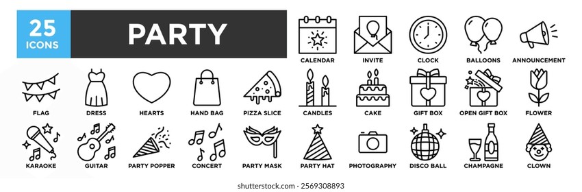 Party icon collection set. Containing design Calendar, Invite, Balloons, Announcement, Clock