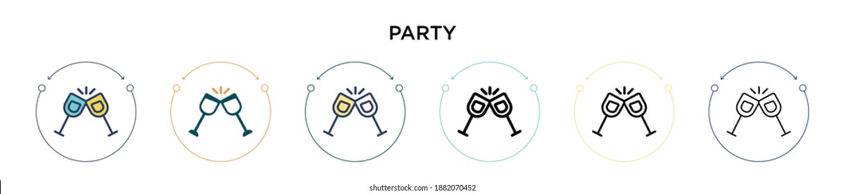 Party icon in filled, thin line, outline and stroke style. Vector illustration of two colored and black party vector icons designs can be used for mobile, ui, web