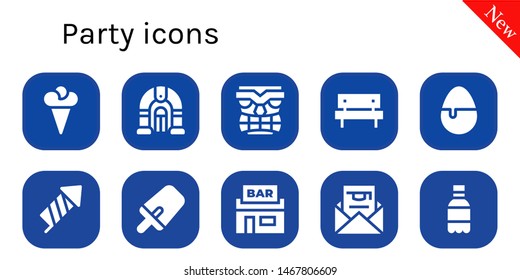 party icon set. 10 filled party icons.  Simple modern icons about  - Ice cream, Jukebox, Tiki, Picnic, Candy, Firecracker, Popsicle, Pub, Invitation, Soda