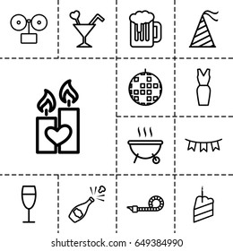 Party icon. set of 13 outline partyicons such as dress, cocktail, candle heart, party hat, wine glass, piece of cake, barbeque, beer, gramophone, champagne