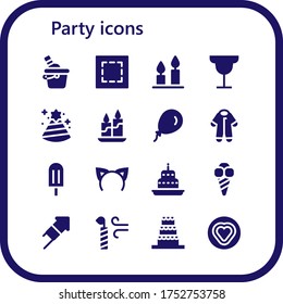 party icon set. 16 filled party icons. Included Ice bucket, Marquee, Candles, Cocktail, Party hat, Candle, Balloon, Pijama, Popsicle, Headband, Cake, Ice cream, Fireworks icons