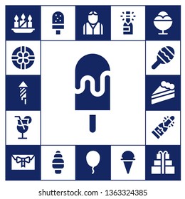 party icon set. 17 filled party icons.  Collection Of - Candles, Gift, Fireworks, Ice cream, Cocktail, Maraca, Cake, Champagne, Bartender, Balloon