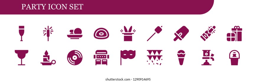  party icon set. 18 filled party icons. Simple modern icons about  - Champagne, Sparkler, Cakes, Gummy, Magic hat, Marshmallow, Popsicle, Presents, Cocktail, Candle, Vinyl, Grill