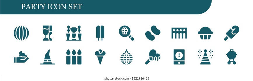 party icon set. 18 filled party icons.  Collection Of - Candy, Champagne, Beer tap, Popsicle, Gift, Segovia, Cupcake, Cream, Witch, Candles, Ice cream, Mirror ball, Event, Party hat