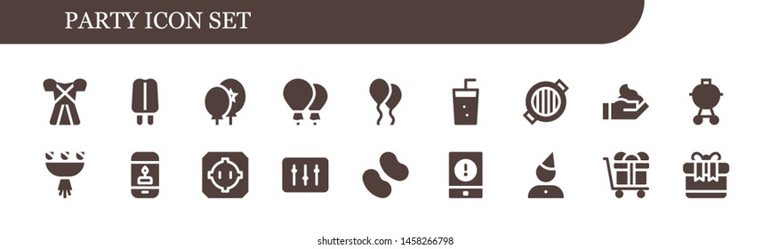 party icon set. 18 filled party icons.  Simple modern icons about  - Dress, Popsicle, Balloons, Balloon, Soda, Grill, Cream, Barbecue, Bouquet, Candle, Dohyo, DJ, Candy, Event