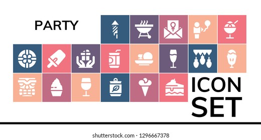  party icon set. 19 filled party icons. Simple modern icons about  - Fireworks, Gift, Tiki, Cupcake, Wine glass, Can, Ice cream, Cake, Popsicle, Soda, Cakes, Champagne, Garlands