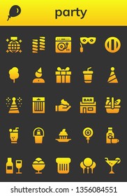 party icon set. 26 filled party icons.  Simple modern icons about  - Mirror ball, Balloon, Marshmallow, Turntable, Eye mask, Soda, Cotton candy, Birthday, Present, Party hat, Treats