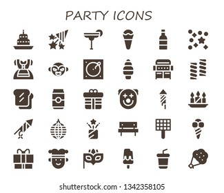party icon set. 30 filled party icons.  Simple modern icons about  - Cake, Confetti, Cocktail, Ice cream, Wine, Dirndl, Vampire, Turntable, Grill, Marshmallow, Toast, Can, Gift