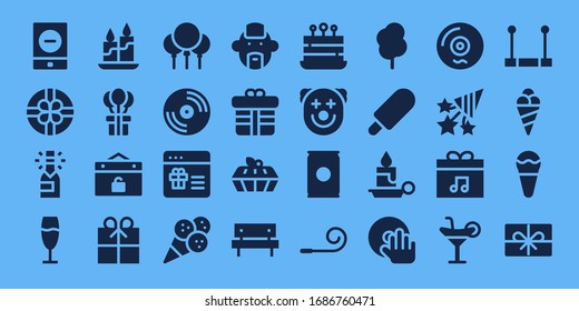 party icon set. 32 filled party icons. on blue background style Simple modern icons such as: Event, Gift, Champagne, Candle, Balloons, Vinyl, Ice cream, Punk, Cake, Picnic, Clown