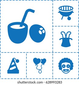 Party icon. set of 6 party filled icons such as heart balloons, bbq, drink coconut, magic hat, party hat