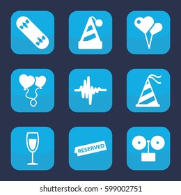 party icon. Set of 9 filled party icons such as heart balloons, music equalizer, party hat, wine glass, reserved, skate board, gramophone