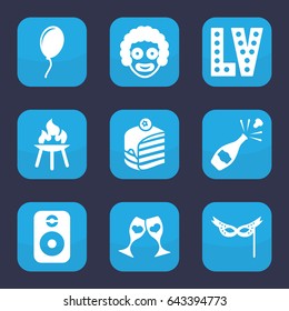 Party icon. set of 9 filled party icons such as vegas, piece of cake, clink glasses, mask, bbq, speaker, balloon, champagne