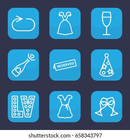 Party icon. set of 9 outline party icons such as vegas, dress, clink glasses, reload replay, wine glass, party hat, reserved