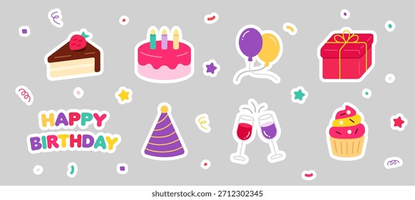Party icon set, Balloon, gift box, confetti decoration element for Happy Birthday Sticker, New Year, Christmas, Valentine Anniversary celebration special day. Drinks Food, champagne, cupcake icons.