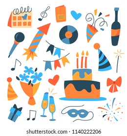 Party icon set. Beautiful festive stickerpack with cake, confetti, decoration, gift and other stuff for celebration. Abstract flat vector illustration