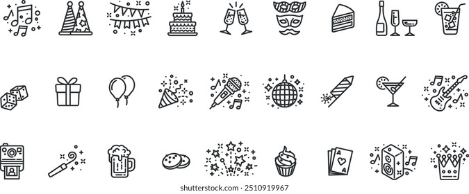 Party icon set. Celebration, birthday, holiday, event, carnival, surprise etc.