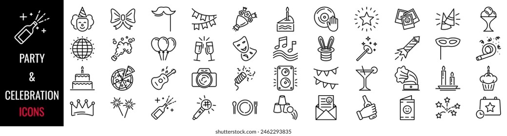 Conjunto de iconos de fiesta. Icono de celebración. Estilo lineal. Ilustración vectorial.