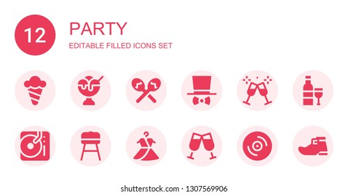 party icon set. Collection of 12 filled party icons included Ice cream, Maracas, Costume, Toast, DJ, Barbecue, Dress, Vinyl, Wine, Leprechaun shoe