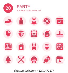 party icon set. Collection of 20 filled party icons included Leprechaun shoe, Whiskey, Dress, Vinyl, Cream, Balloon, Bouquet, Bouncy castle, Elf, Cake, Turntable, Birthday card