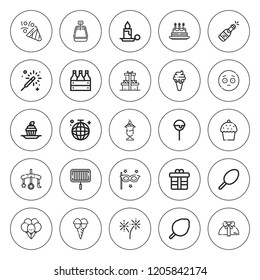 Party icon set. collection of 25 outline party icons with baby mobile, balloons, birthday cake, beer box, cake pop, candle, champagne, confetti icons. editable icons.