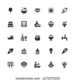 party icon set. Collection of 25 filled party icons included Flower bouquet, Clown, Candles, Balloons, Grill, Ice cream, Cake, Cake slice, Beer tap, Cauldron, Champagne, Leprechaun shoe