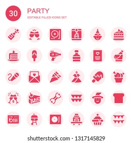 party icon set. Collection of 30 filled party icons included Champagne, Cheers, Turntable, Ice cream, Birthday boy, Cake slice, Blaster, Whiskey, Greeting card, Karaoke, Invitation