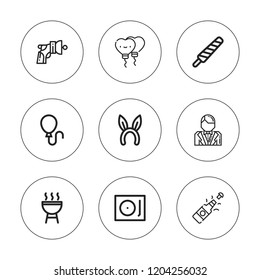 Party icon set. collection of 9 outline party icons with balloon, balloons, bbq, blaster, champagne, headband, groom, popsicle icons. editable icons.
