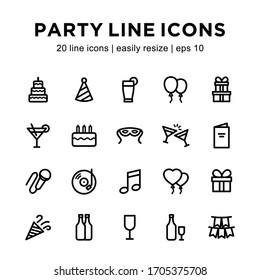 party icon set, contains party hat icons, masks, balloons, gift bottles and more with a white background.