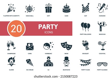 Party Icon set icon. Contains party icon illustrations such as disco ball, cake, karaoke and more.