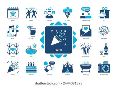 Party-Icon gesetzt. Tanz, Eis, Feiern, Grillen, Fest, Lifestyle, Feuerwerk, Fotografie. Zweifarbige Volltonsymbole