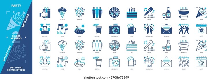 Conjunto de iconos de fiesta. Bailar, Helado, Celebrar, Pizza, Vino, Estilo de vida, Fuegos artificiales, Fotografía. Iconos de contorno sólidos y editables de color duotono