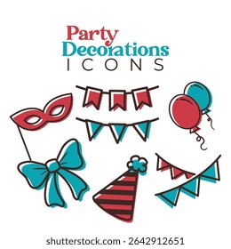 Conjunto de iconos de fiesta con decoración. Ilustración vectorial