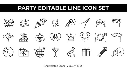 Party Icon Set with editable line icons of balloons, cakes, decorations, and party accessories. Perfect for event branding, party planners, posters, invitations, and promotional designs.