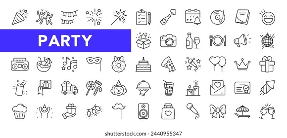 Party icon set with editable stroke. Celebration thin line icon collection. Vector illustration
