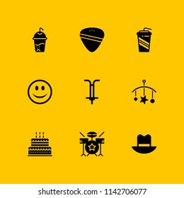 party icon set. hat, drum set and birthday cake vector icon for graphic design and web