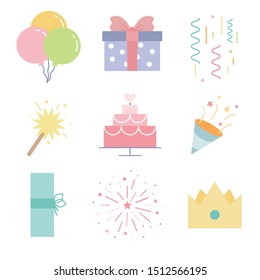 Party icon set. Holidays symbol collection. Celebration signs: firework, gift, air balloon, confetti, cake and crown in trendy flat style