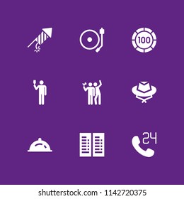 party icon set. hours, fireworks and dinner vector icon for graphic design and web