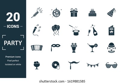 Party Icon icon set. Include creative elements flapper with confetti, gift, karaoke, champagne, harmonic icons. Can be used for report, presentation, diagram, web design.