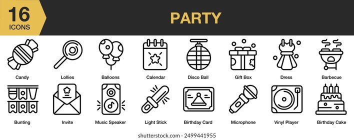 Party icon set. Includes balloons, barbecue, candy, bunting, gift box, disco ball, and More. Outline icons vector collection.