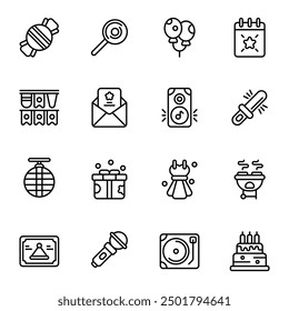 Party icon set. Includes balloons, barbecue, candy, bunting, gift box, disco ball, and More. Outline icons vector collection.